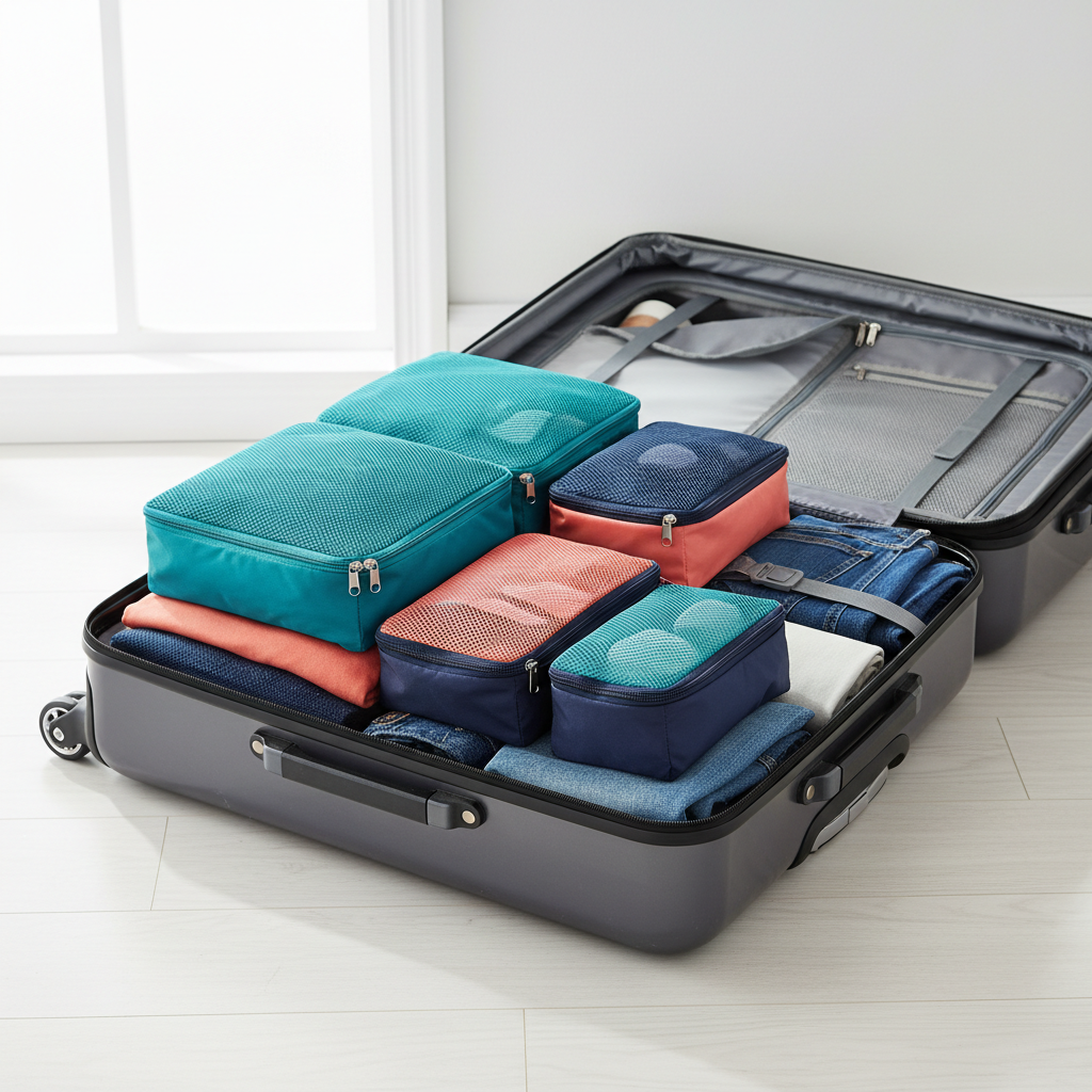Travel packing cubes in vibrant colors organized in a suitcase