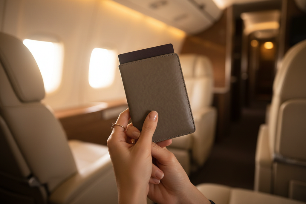 Hands holding passport in a luxury travel holder