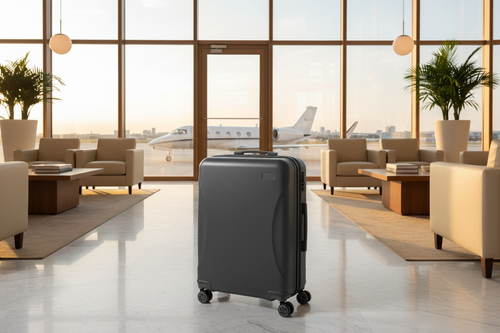 Hardshell travel suitcase in luxury airport terminal