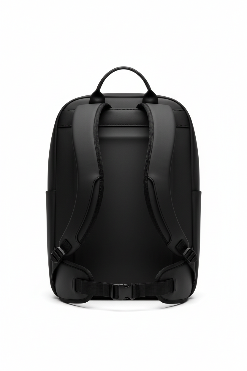 Black travel backpack back view