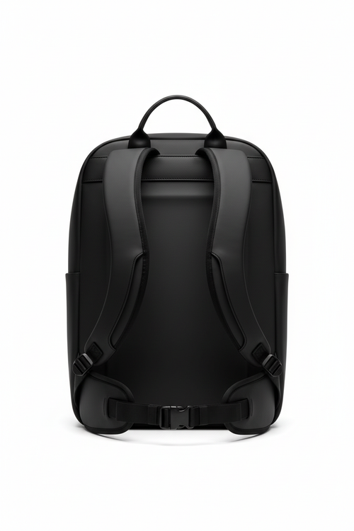 Black travel backpack back view