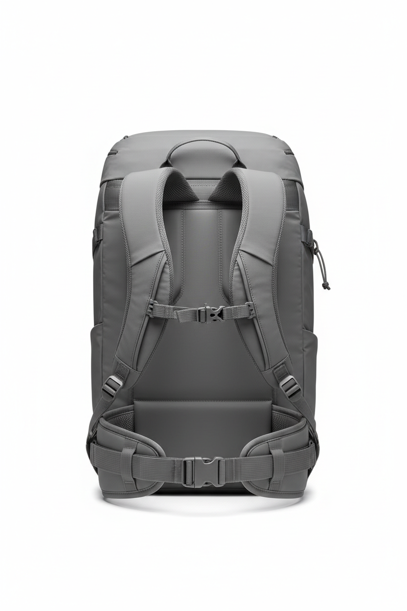 Gray travel backpack back view